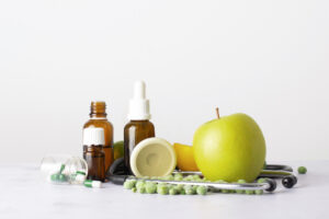 close up bottles with oil pills table